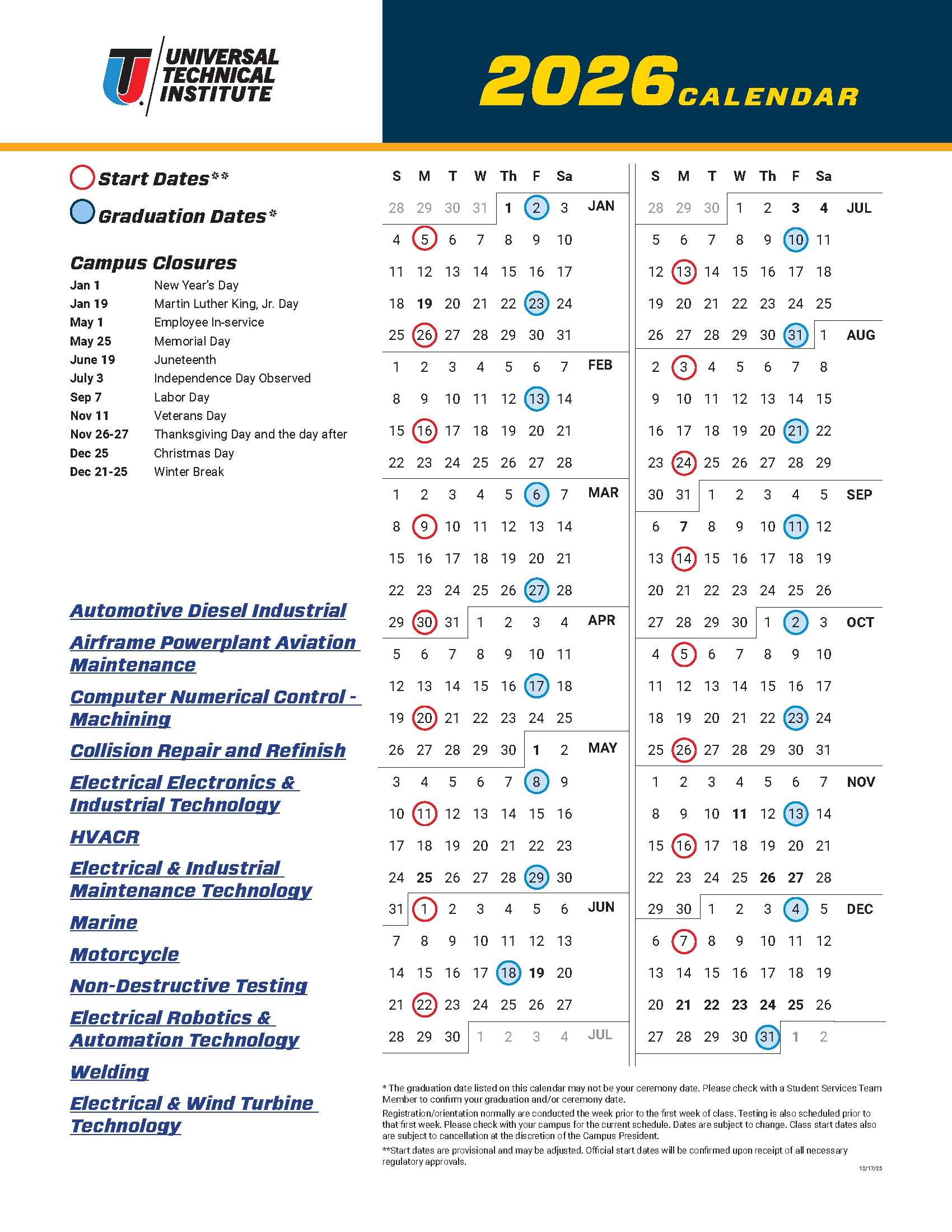 Course Calendar UTI and Motorcycle 2026 Universal Technical Institute